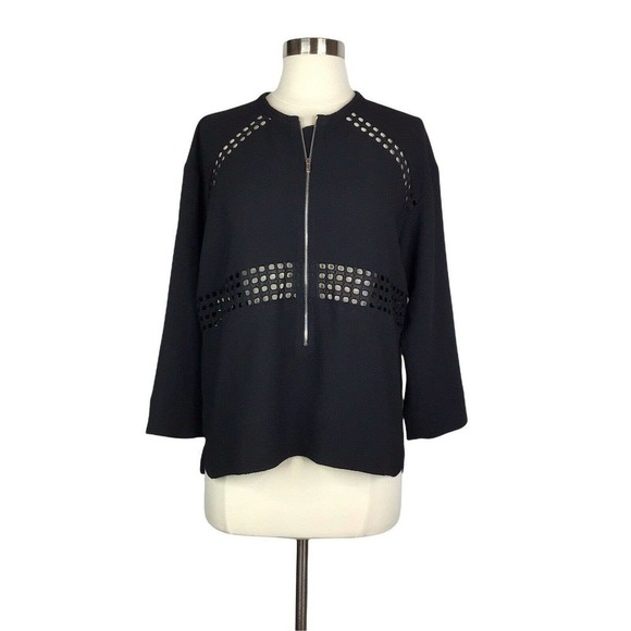 IRO Bret Crepe Half Zip Laser Cut Top Black 3/4 Sleeve 38 / 6 - Picture 2 of 9